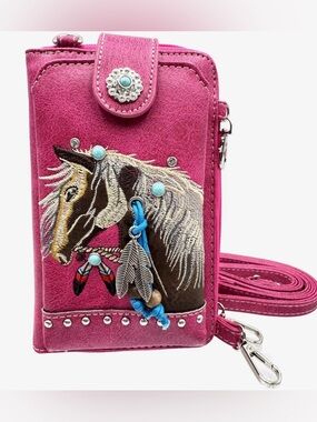 Pink Western Horse Embroidered Wristlet Clutch